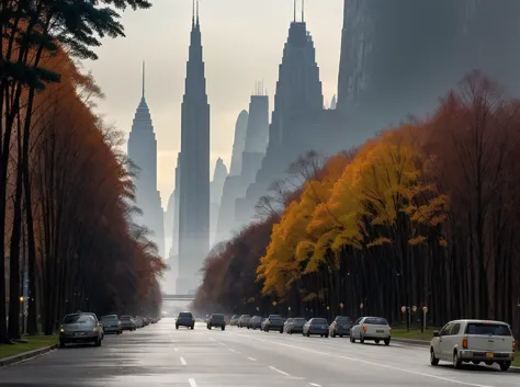 cars driving down a street with tall buildings in the background