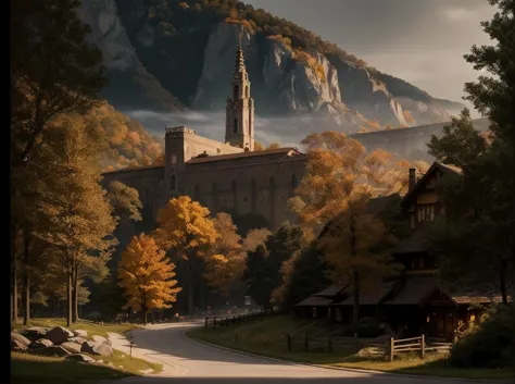 there is a picture of a church in the mountains with a road