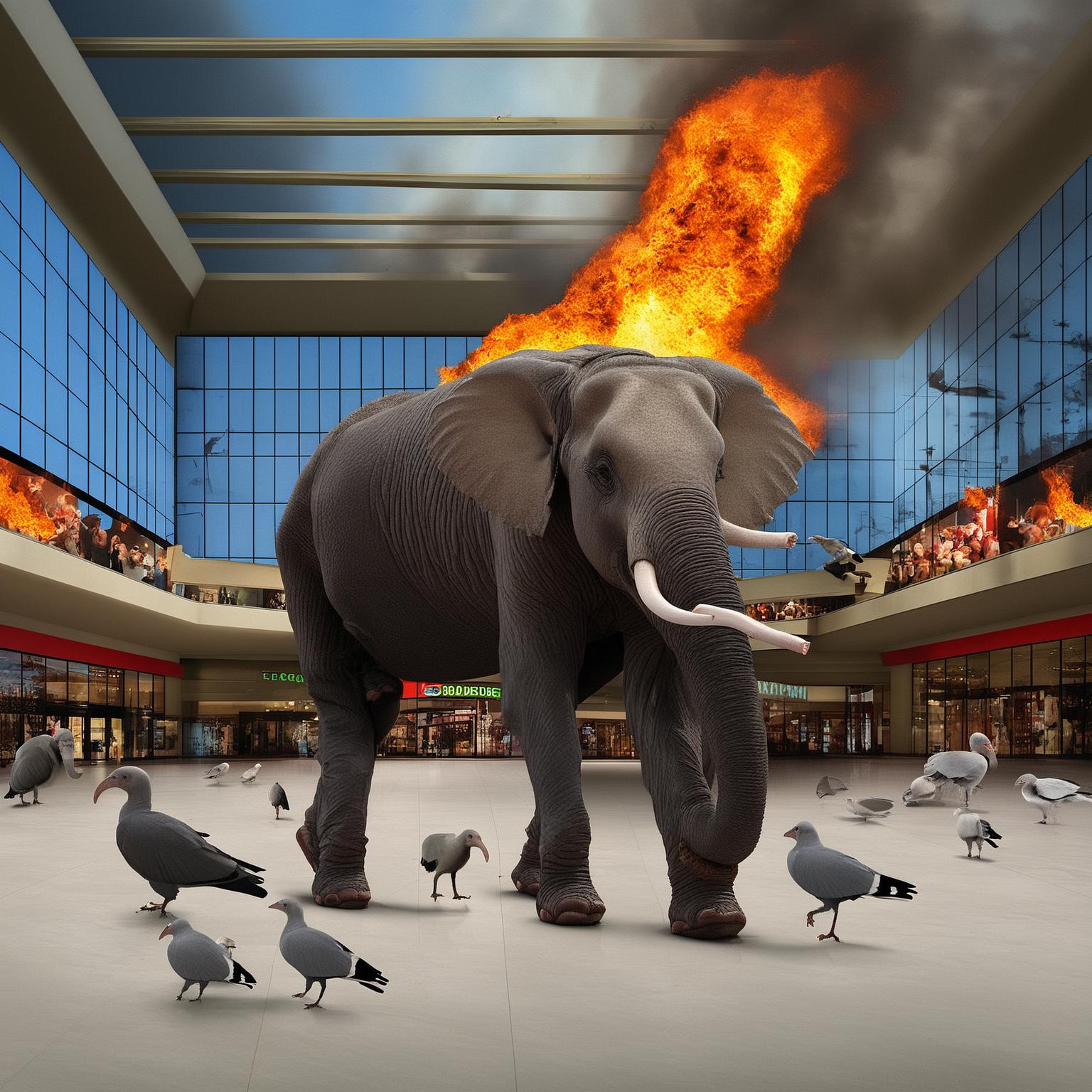 There is a large elephant standing in a mall with birds around - SeaArt AI