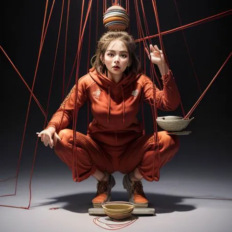 arafed woman in orange jumpsuit sitting on floor with bowls and a bowl