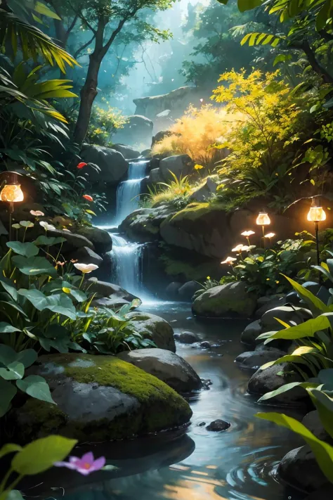 (magical fairy forest) with birds and flowers, creek, waterfall, lighting mushrooms, lighting colored insects, neon, cosmic butt...