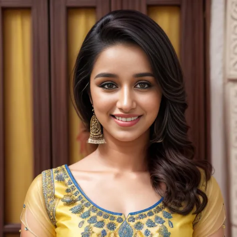 a portrait photo of a 25_year_old woman, light smile, looking at viewer, intricate traditional indian blue clothes, yellow matte background skp 