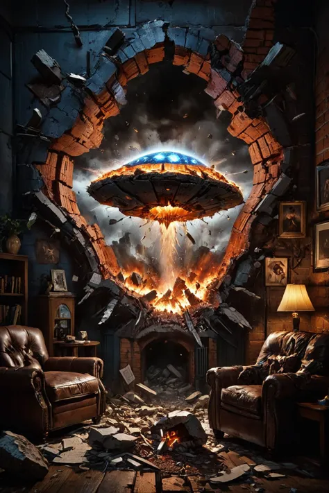 A living room with a shattered, cracked hole in the wall through which an ufo is crashing out. The ufo is mid-air, bursting through the debris, with shattered bricks and dust flying everywhere. The scene captures the moment of high action and intensity, with dynamic lighting and detailed textures. The room has furniture and decor that are being knocked over and damaged by the impact. The atmosphere is chaotic and thrilling, with a sense of urgency and motion. Photorealistic, cinematic, high-definition, dynamic lighting, detailed textures, action-packed, intense, dramatic, high-energy, realistic destruction, vivid.
<lora:EnvyBetterHiresFixXL01:1.0>,
<lora:EldritchMixIllustration_1.0:0.5>,
<lora:WildcardX-XL-Detail-Enhancer:0.6>,
<lora:zavy-hlbckdrp-sdxl:0.85> zavy-hlbckdrp, hole through foreground, paper hole
<lora:zavy-cntrst-sdxl:0.6> dark, chiaroscuro, low-key,
<lora:ral-vlntxplzn:0.4> ral-vlntxplzn,