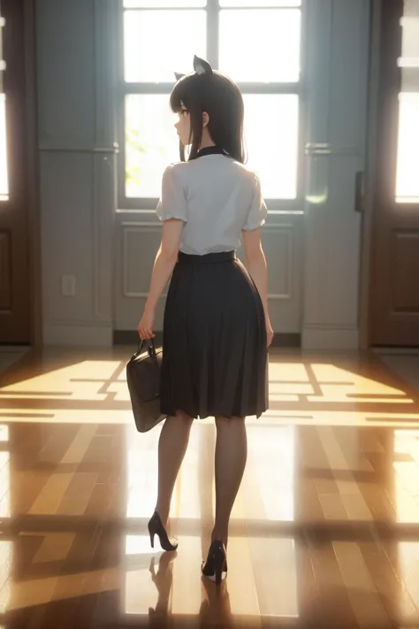 there is a woman in a skirt and a white shirt holding a briefcase