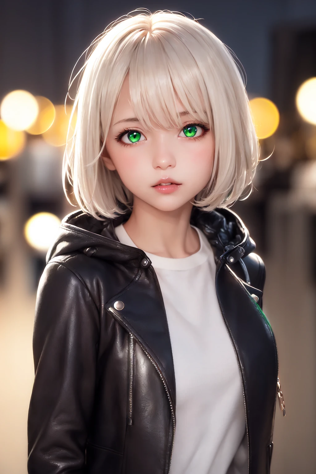1girl, blurry, blurry background, bokeh, depth of field, glowing, green eyes, halo, hood, hood down, jacket, leather, leather jacket, lips, looking at viewer, night, short hair, solo, upper body, white hair