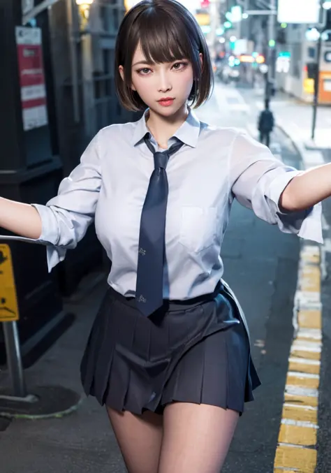 city_night_lights,cityscape,
school uniform,pleated skirt,necktie,white gloves,
(walking), 
(pantyhose),
( facing viewer), 
outs...