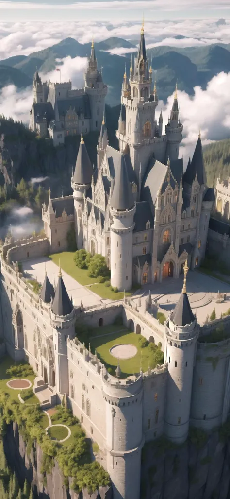 a close up of a castle on a cliff with a sky background