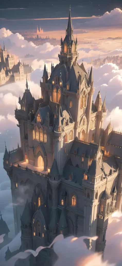 a close up of a castle in the sky with clouds