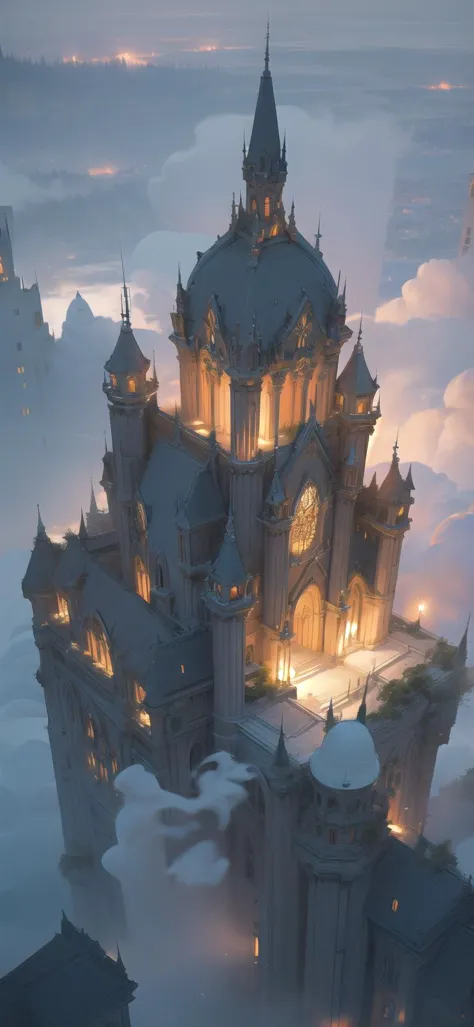 a large castle in the sky with a lot of clouds