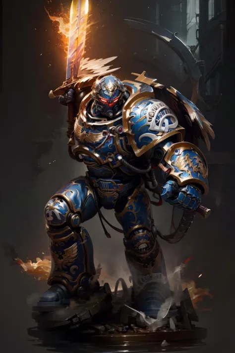 (highly detailed:1.4), digital render, smooth, sharp focus, full body 8k render, action shot, realistic reflections, cinematic composition, 1man, ((solo:1.3)), helmet detail, helm detail, glowing red eyes, (tall stature:1.1) guilliman, ammunition belt, arm cannon, holding sword, flaming sword, full armor.   <lora:Guilliman MK1 by CARAXES:0.8>, <lora:Alex-000012:0.2>