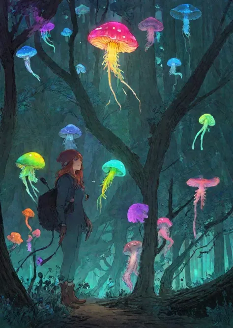 a woman standing in a forest with jellyfishs floating around her