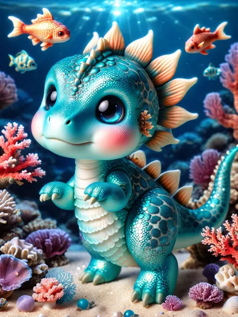 ral-smoldino, a turquoise aquatic dinosaur with shimmering scales, swimming in an underwater scene with coral and fish. <lora:ra...