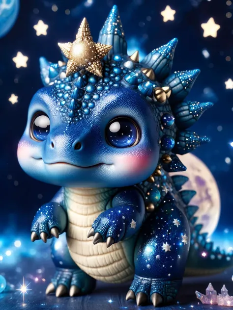 ral-smoldino, a deep blue stegosaurus with glittery spikes, floating in a space background with stars and planets. <lora:ral-smo...