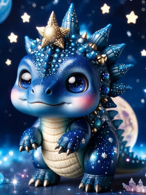 ral-smoldino, a deep blue stegosaurus with glittery spikes, floating in a space background with stars and planets. 