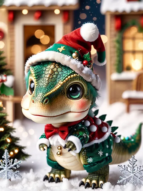 ral-smoldino, a t-rex wearing a Christmas elf outfit,  the background a scene with snow a Christmas tree and Christmas lights <l...