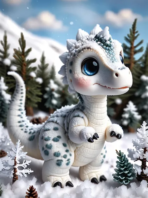 ral-smoldino, a fluffy white diplodocus with soft, snow-like textures, in a snowy landscape with pine trees. <lora:ral-smoldino-...