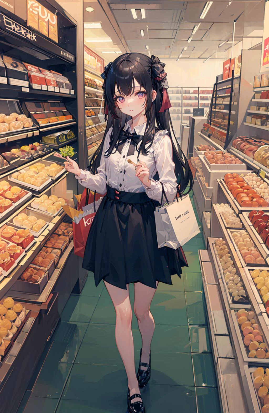 Anime girl in a store with a bag of donuts - SeaArt AI