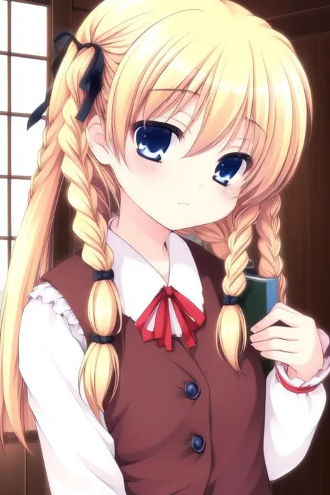 anime girl with long blonde hair and blue eyes holding a cup