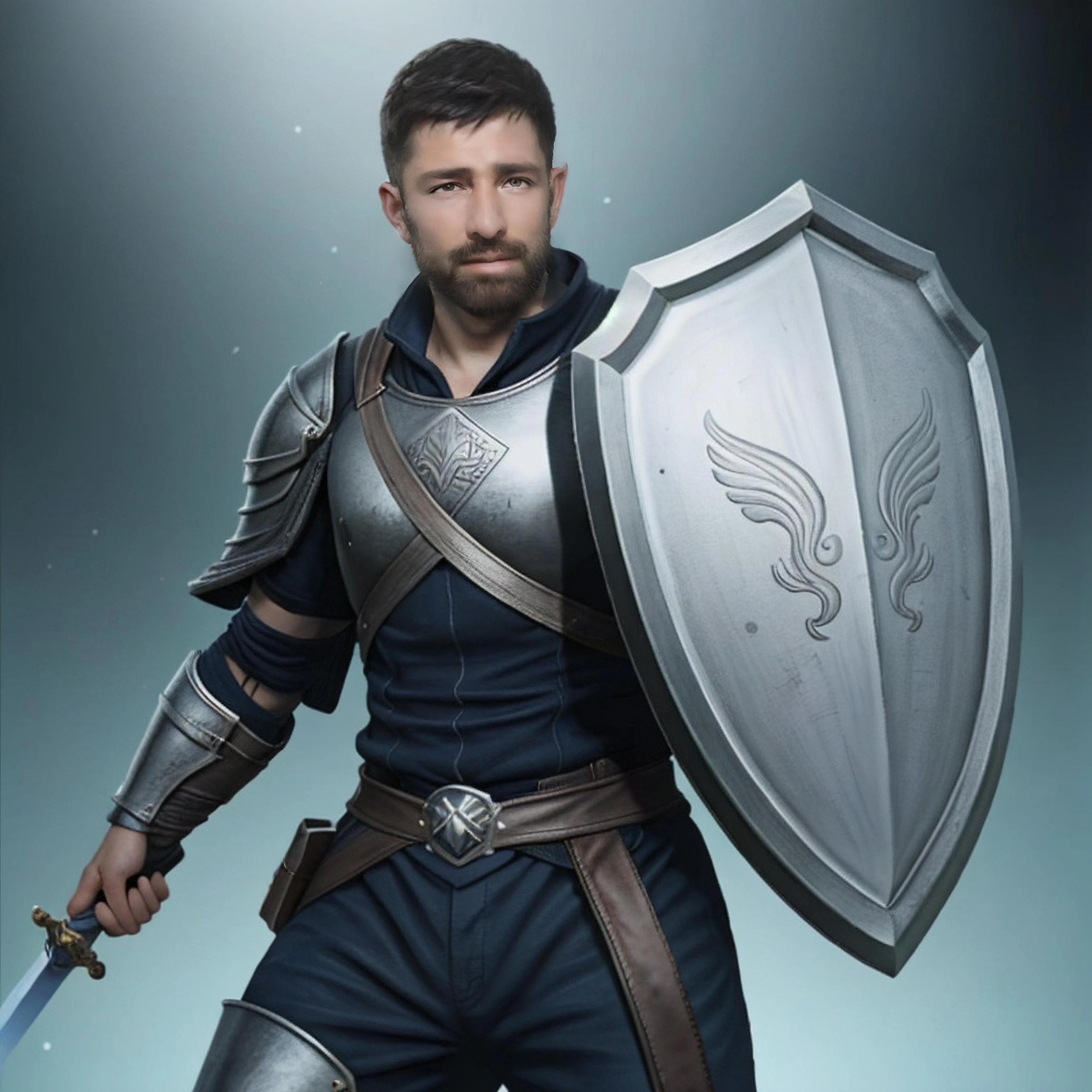 1boy, face,  realistic, muscle, warrior outfit, holding a shield and sword, glowing shield, luminous sword
