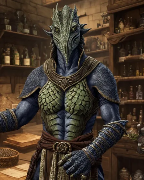 photo of an argonian shopkeeper
highly detailed intricate