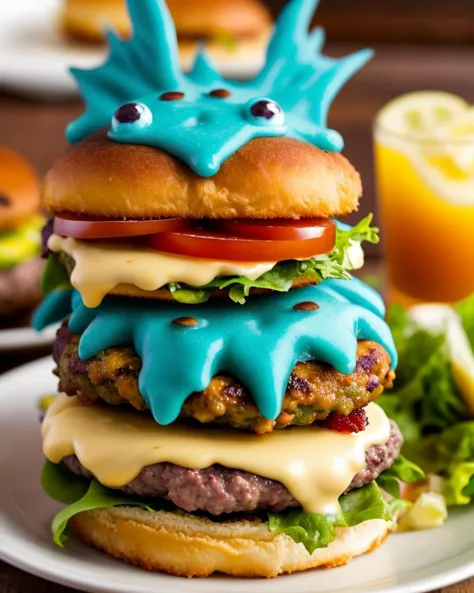 a close up of a hamburger with blue icing on it