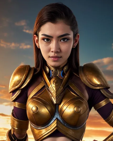 a woman in a gold armor posing for a picture