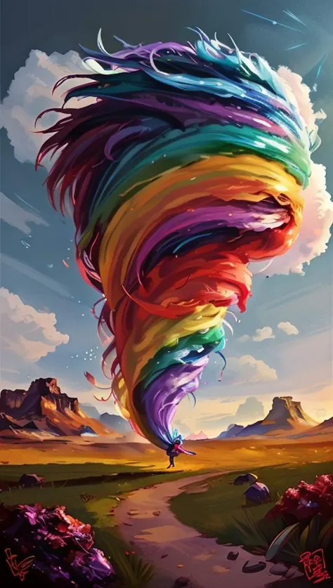 a man standing in front of a colorful tornado cloud