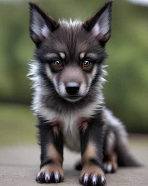 a close up of a small dog sitting on a sidewalk