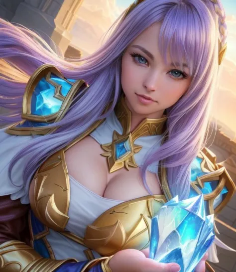 (Controllable Photo:1.3) of (Ultrarealistic:1.3),(Amusing:1.3) warrior, League of legends character, armor colour, gold, hair vi...