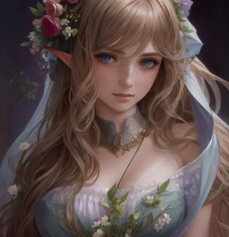 detailed and realistic portrait of a gorgeous beautiful elf bjddoll (woman) maid with a few freckles, long wavy blond disheveled...