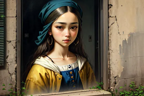 painting of a girl with a blue turban looking out a window