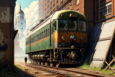 there is a painting of a train on the tracks in a city