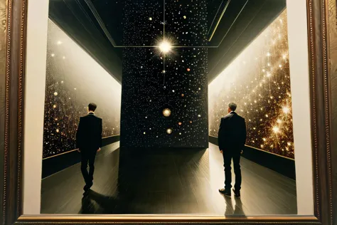 painting of two men in a dark room with a star filled ceiling