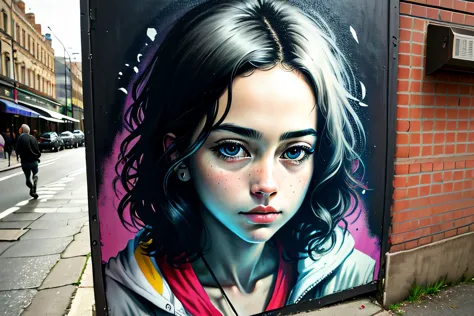 graffiti of a woman with blue eyes on a wall in a city