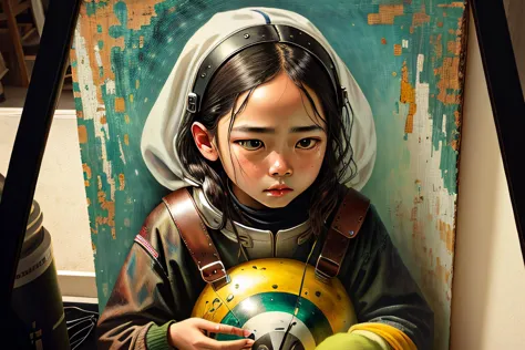 painting of a girl in a space suit holding a yellow ball