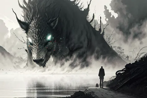 a man standing on a dock looking at a giant dragon