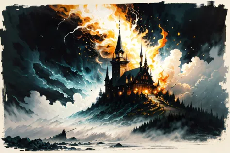 a painting of a castle on a mountain with a fire coming out of it