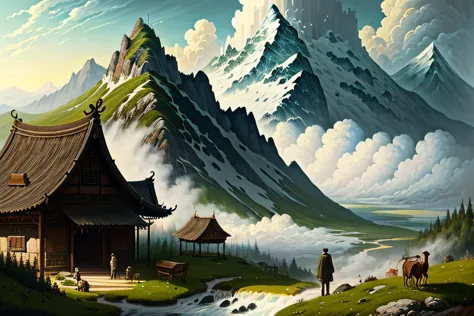 painting of a mountain scene with a hut and a man and a cow