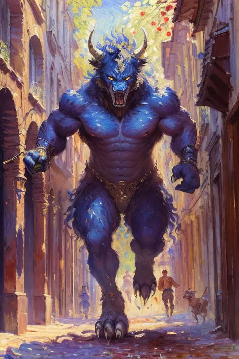 a painting of a blue monster is walking down a narrow street