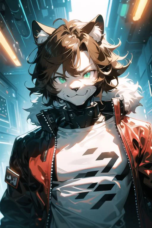 from font body,upper body,best quality,(official art,masterpiece,ultra detailed 8k art),fantasy,cyberpunk, (dark red bomber jacket | white t-shirt:1.3), fluffy chest, Fluffy body,Fluffy,(fluffy best hands:0.7),(anthro),focus 1boy, ragdoll cat boy, (white fur | brown fur:1.3) furry cat boy,(Close up 1 cat boy:0.7),(white and brown furry face,  smile, cat ears, cat nose, small snout, dark green eyes:1.2), (1 white fluffy tail:1.2), (short light brown hair, red inner color, messy hair:1.4),(cyborg, black exoskeleton armor:1.2) 