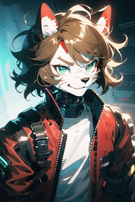 from font body,upper body,best quality,(official art,masterpiece,ultra detailed 8k art),fantasy,cyberpunk, (dark red bomber jacket | white t-shirt:1.3), fluffy chest, Fluffy body,Fluffy,(fluffy best hands:0.7),(anthro),focus 1boy, ragdoll cat boy, (white fur | brown fur:1.3) furry cat boy,(Close up 1 cat boy:0.7),(white and brown furry face,  smile, cat ears, cat nose, small snout, dark green eyes:1.2), (1 white fluffy tail:1.2), (short light brown hair, red inner color, messy hair:1.4),(<lora:cyborgV02_last:2>, cyborg, black exoskeleton armor:1.2) <lora:HeightRatioSlider_v2:1>