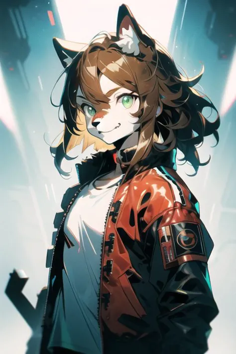 from font body,upper body,best quality,(official art,masterpiece,ultra detailed 8k art),fantasy,cyberpunk, (dark red bomber jacket | white t-shirt:1.3), fluffy chest, Fluffy body,Fluffy,(fluffy best hands:0.7),(anthro),focus 1boy, ragdoll cat boy, (white fur | brown fur:1.3) furry cat boy,(Close up 1 cat boy:0.7),(white and brown furry face,  smile, cat ears, cat nose, small snout, dark green eyes:1.2), (1 white fluffy tail:1.2), (short light brown hair, red inner color, messy hair:1.4),(<lora:cyborgV02_last:2>, cyborg, black exoskeleton armor:1.2) <lora:HeightRatioSlider_v2:1>