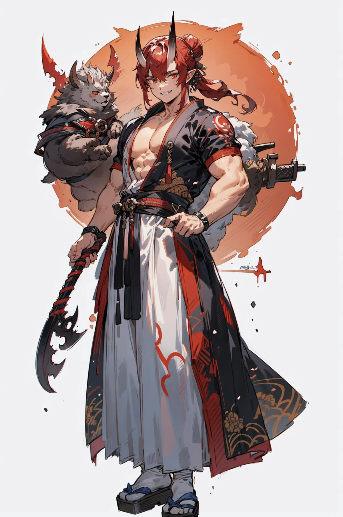 best quality,(masterpiece,ultra detailed 8k art,Thirties),[best hands:(best hands):10] ,1 male,adult,full body, flat chest,(China:0.3),fantasy,simple background BREAK
(Japanese red demon 2 horns:1.2),sagacity,yonpaku eyes, red hair, white wear,geta,(weapon,1 hair bun,muscler,white foot cover),wide short sleeve, grin,  tsurime, Japanese socks, miko,red hakama , oni, horns, oni horns,1 large black ax
