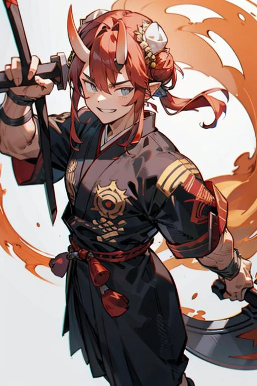 best quality,(masterpiece,ultra detailed 8k art,Thirties),[best hands:(best hands):10] ,1 male,adult,close-up face, flat chest,(China:0.3),fantasy,simple background BREAK
(Japanese red demon 2 horns:1.2),sagacity,yonpaku eyes, red hair, white wear,geta,(weapon,1 hair bun,muscler,white foot cover),wide short sleeve, grin,  tsurime, Japanese socks, miko,red hakama , oni, horns, oni horns,1 large black ax
