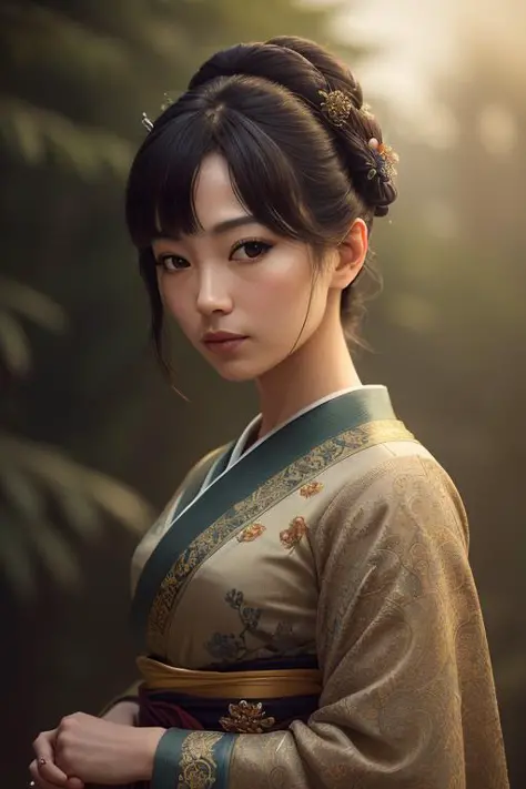 (dark shot:1.4), 80mm, (dark shot:1.4), 80mm, epic realistic, painting of a geisha with european features entering a japanese pi...