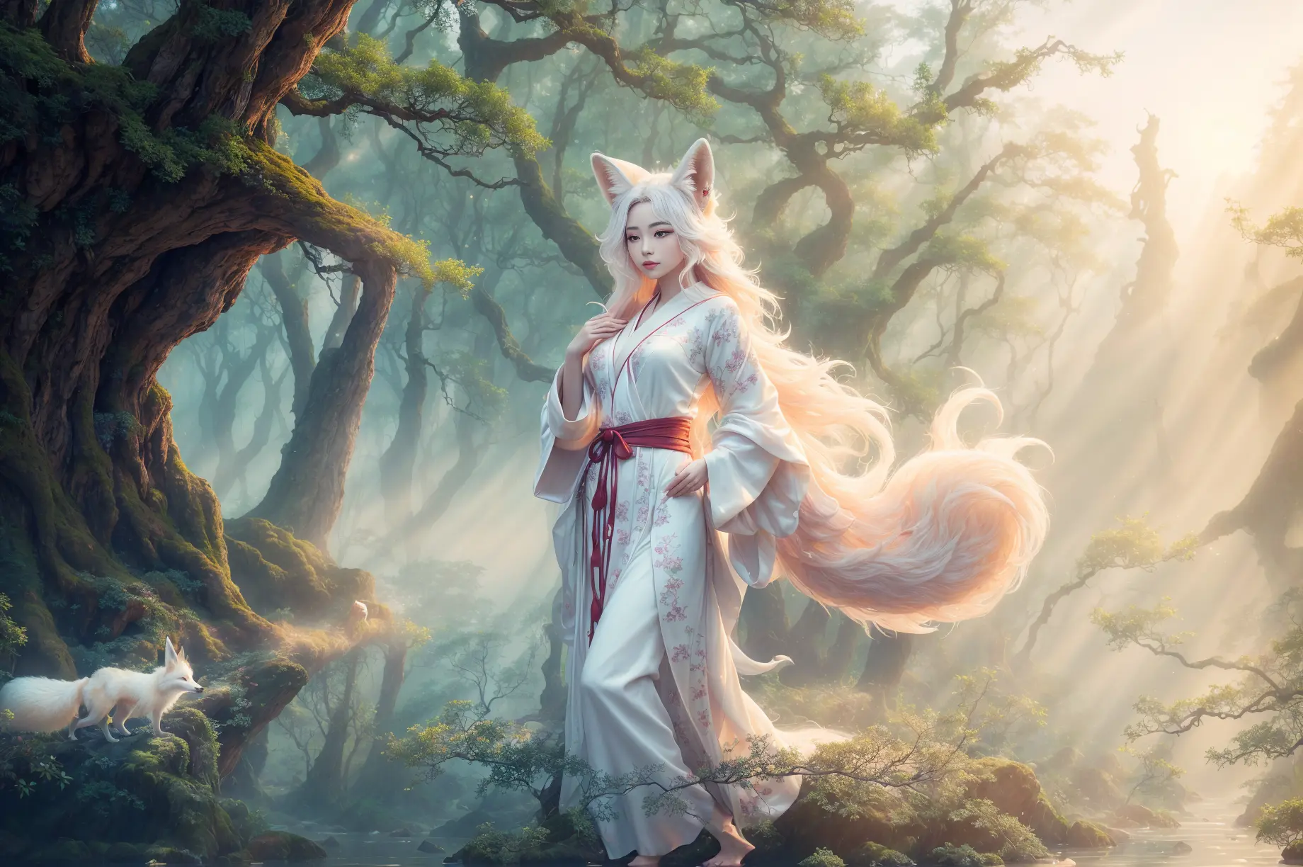 un esprit renard magnifique et éthéré vêtu d&#39;une robe chinoise blanche fluide. L&#39;image capture l&#39;esprit du renard se tenant gracieusement à la surface de l&#39;eau., entouré de nuages blancs et de brume qui confèrent à la scène une qualité surnaturelle. Les longs cheveux blancs et les robes de l&#39;esprit du renard sont balayés par le vent., ajouter du mouvement et de la fluidité à l&#39;image. Utilisez les outils de pinceau avancés de Midjourney pour créer des plis et des textures complexes dans les robes et les cheveux de l&#39;esprit du renard., et expérimentez différentes palettes de couleurs et coups de pinceau pour faire ressortir la qualité éthérée de la scène.. La beauté de l&#39;esprit du renard est encore renforcée par la façon dont son image est parfois obscurcie par la brume environnante., donner à la scène un sentiment de mystère et d&#39;enchantement. avec les outils puissants de Midjourney, vous pouvez donner vie à cette scène captivante et éthérée avec des détails et une beauté incroyables.
hdr, (photoréalisme, qualité de chef-d&#39;œuvre, meilleure qualité), , pureerosface_v1,ulzzang-6500-v1.1,