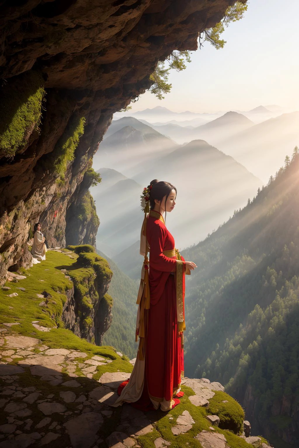 On a morning in a mountain cave, a Beautiful hanfu girl pauses at the edge of a cliff. The sun shines down from the mountain top, casting a soft glow inside the cave. The walls are covered in moss, and the ground is covered in pine needles and small stones. In the distance, mountain peaks and forests are faintly visible through the hazy morning mist. This is a tranquil and serene scene,red theme,
 hdr, (photorealism, masterpiece quality, best quality),