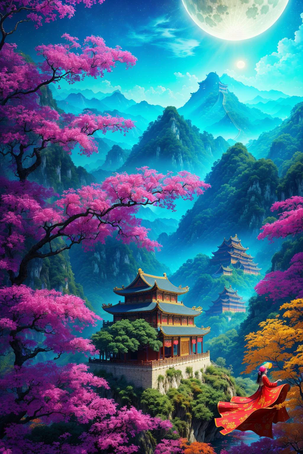 (8k, RAW photo:1.2),best quality, ultra high res,dramatic angle,(fluttered detailed color splashs), (illustration),(((1 girl))),(long hair),(rain:0.9),(hair ornament:1.4),there is an ancient palace beside the girl,(((chinese clothes))),(focus on), color Ink wash painting,(color splashing),colorful splashing,((colorful)),(((cool colors))),(((Tang dinasty)))(sketch:0.8), Masterpiece,best quality, beautifully painted,highly detailed,(denoising:0.6),[splash ink],((ink refraction)), (beautiful detailed sky),moon,highly,detaild,(masterpiece, best quality, extremely detailed CG unity 8k wallpaper,masterpiece, best quality, ultra-detailed),(Lycoris radiata), architecture,