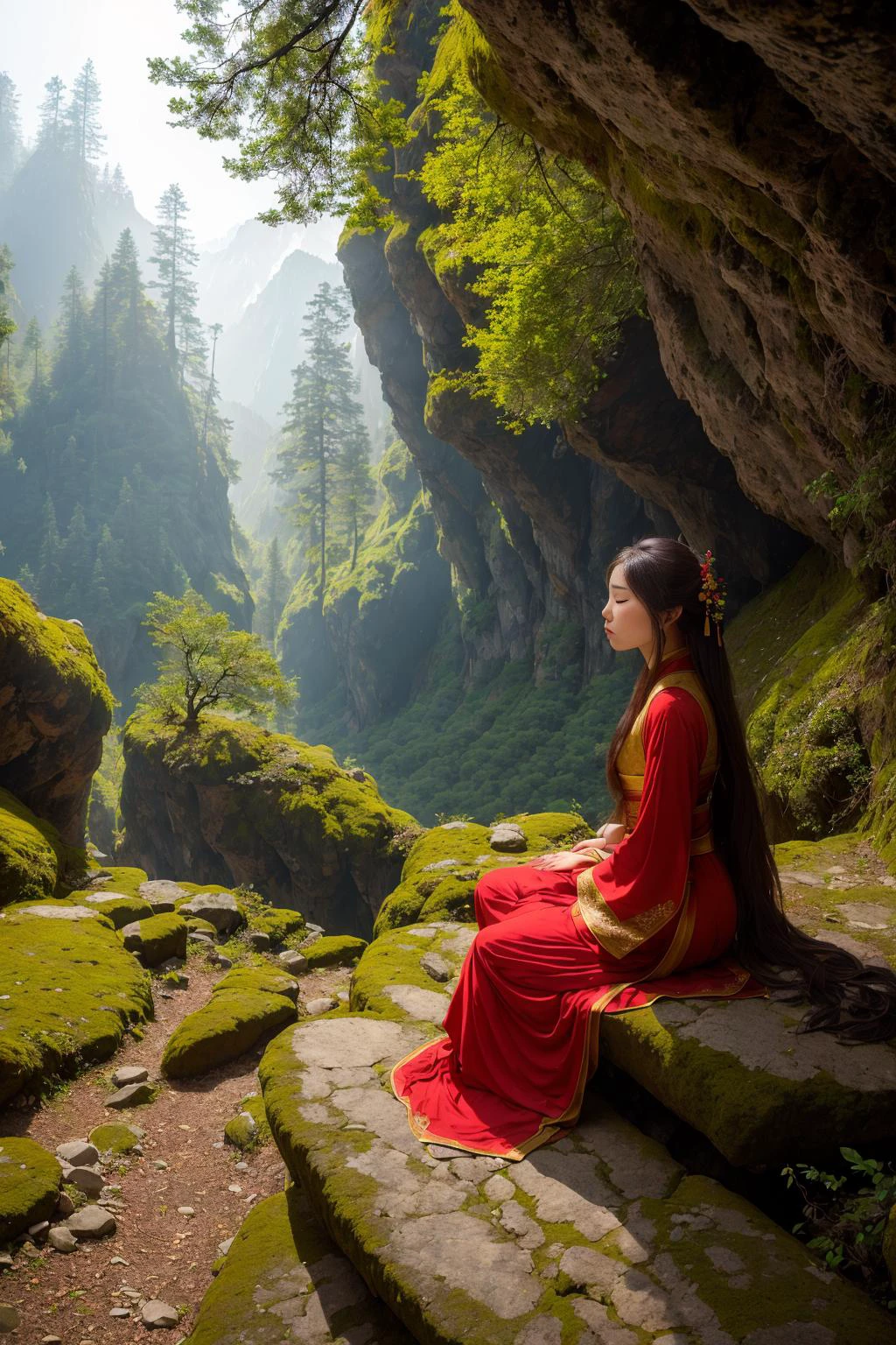 On a morning in a mountain cave, a Beautiful hanfu girl pauses at the edge of a cliff. The sun shines down from the mountain top, casting a soft glow inside the cave. The walls are covered in moss, and the ground is covered in pine needles and small stones. In the distance, mountain peaks and forests are faintly visible through the hazy morning mist. This is a tranquil and serene scene,red theme,
 hdr, (photorealism, masterpiece quality, best quality),