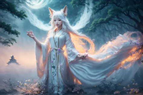 a beautiful and ethereal fox spirit dressed in a flowing white Chinese robe. The image captures the fox spirit standing graceful...